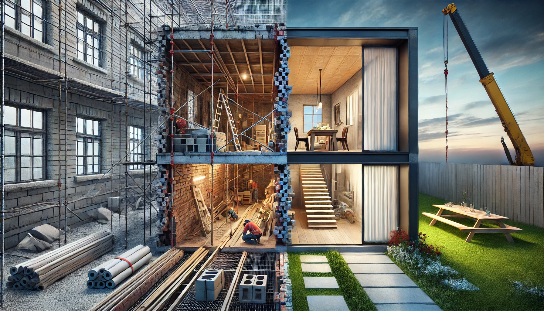  Half showing a traditional construction site with brickwork and scaffolding, and half showing a modern prefab home.