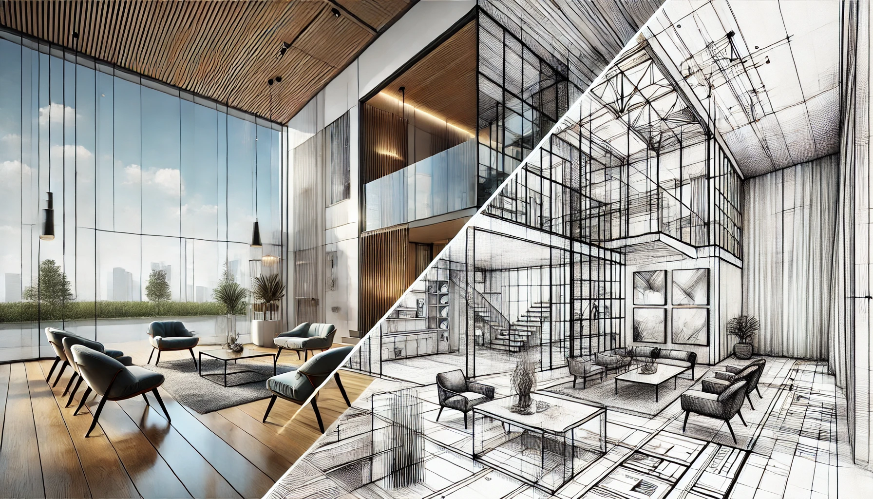 Transitional modern interior design with a split layout showcasing modern abstraction and architectural sketch styles.
