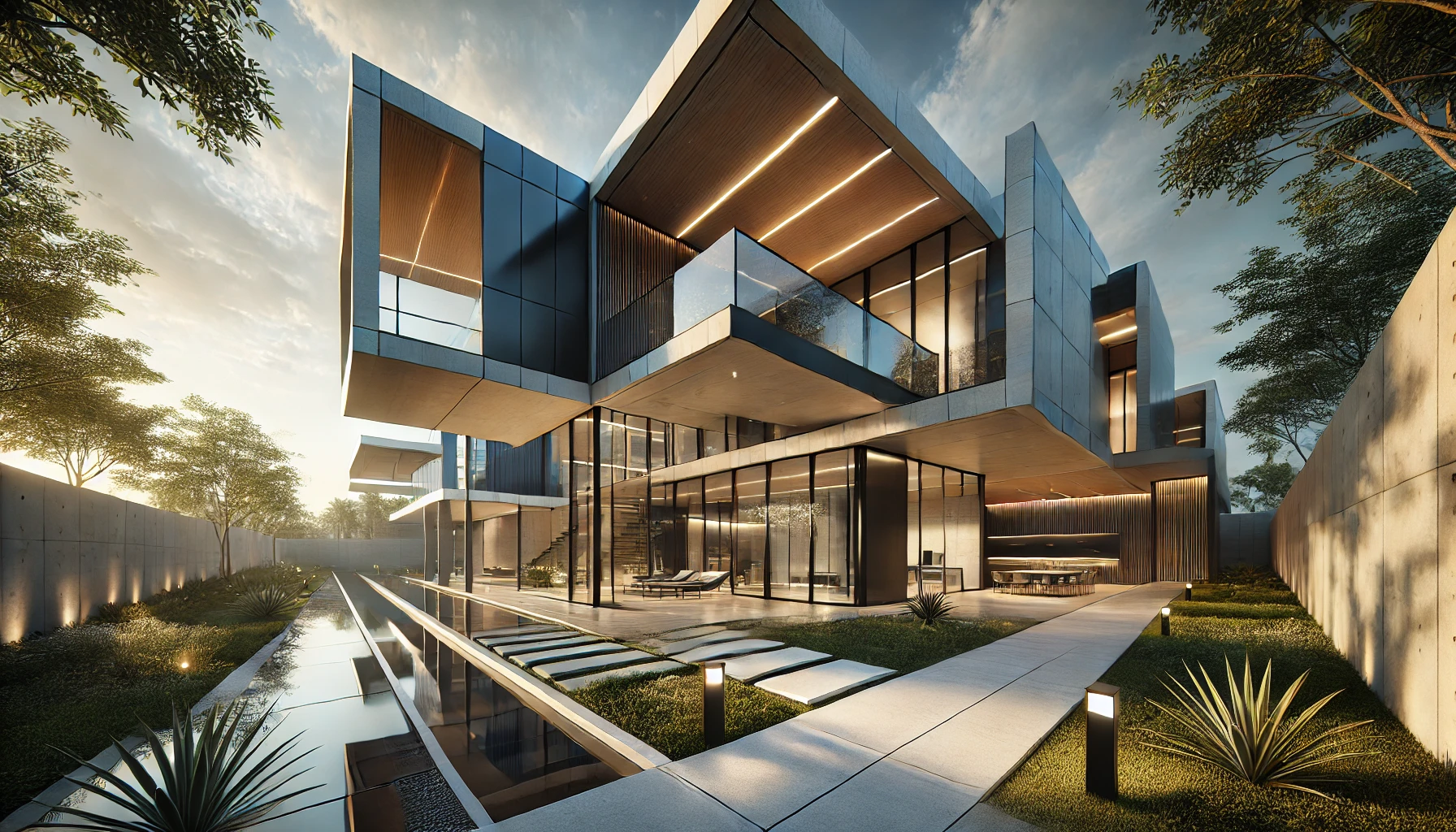Ultra-contemporary prefab home with cantilevered structures, expansive glass walls, and minimalist landscaped garden.