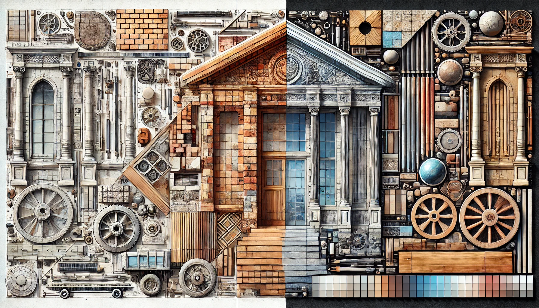 A detailed view of 19th-century building materials, including brick, stone, wood, and cast iron, showcasing their textures and craftsmanship.