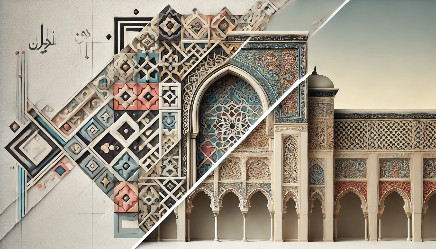 Arab-inspired geometric patterns alongside Western Gothic architecture with pointed arches and intricate tilework.