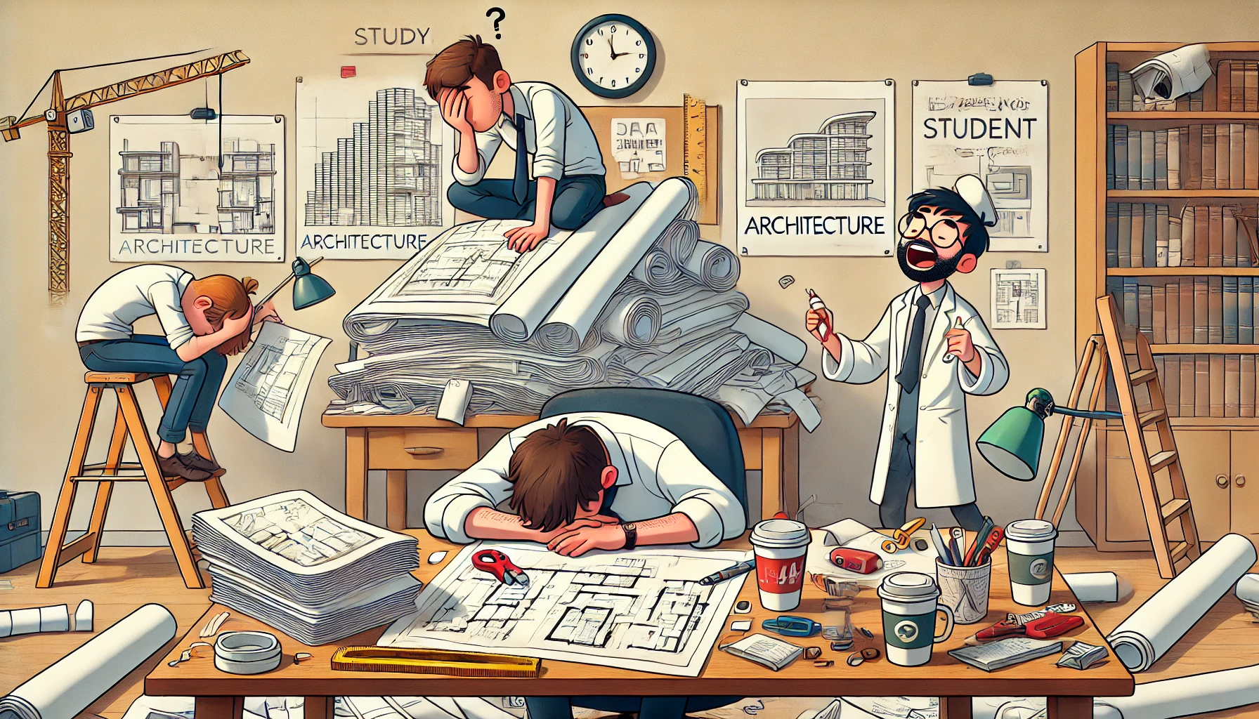  Cartoon of architecture students studying, with one buried in blueprints, another working on a model, and a third snoozing amid coffee cups.