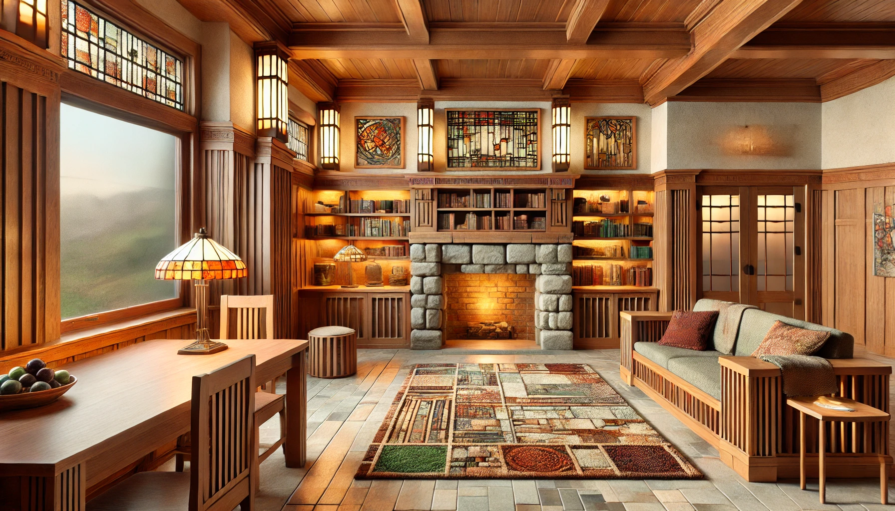 Arts and Crafts interior with handcrafted wooden furniture, a stone fireplace, built-in bookshelves, and stained glass accents in warm tones.