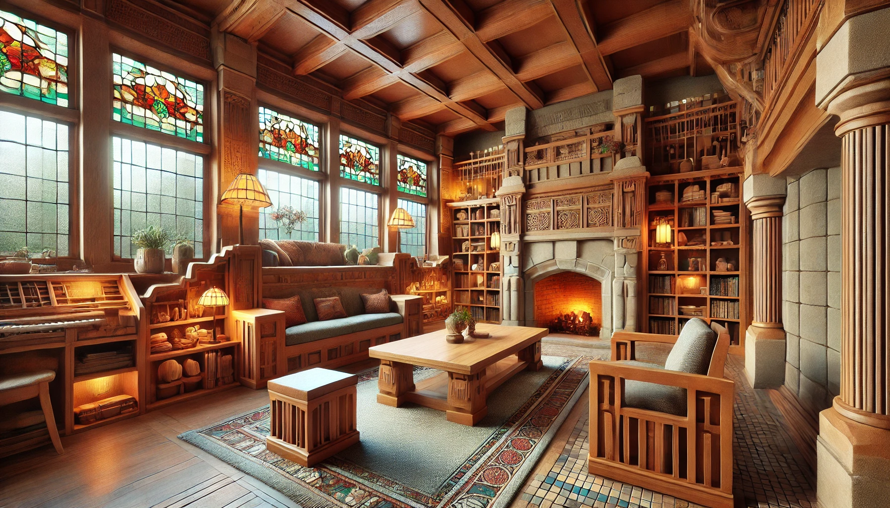 Arts and Crafts interior with detailed wooden furniture, a stone fireplace, built-in bookshelves, and stained glass windows in earthy tones.