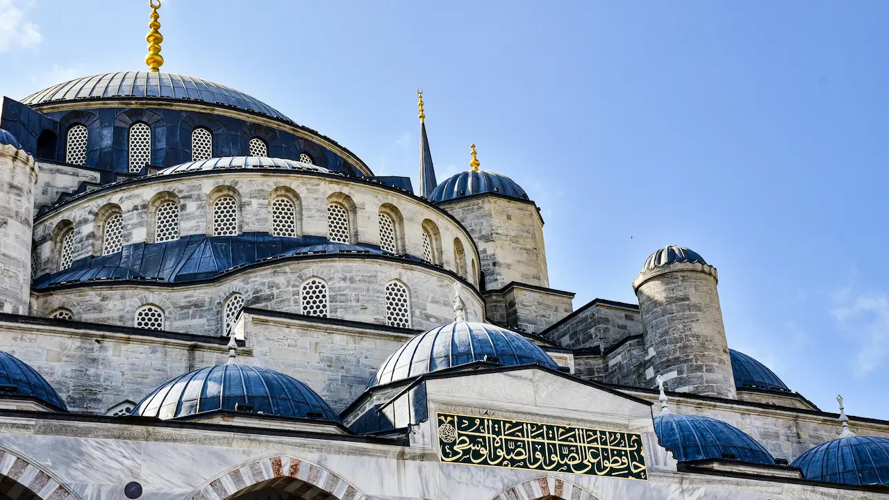 Close-up of the Blue Mosque in Istanbul, Turkey, showcasing its intricate architectural details.