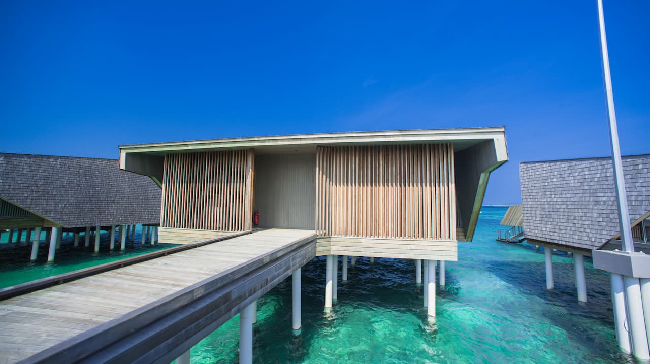 A brown wooden house elevated on pilings.