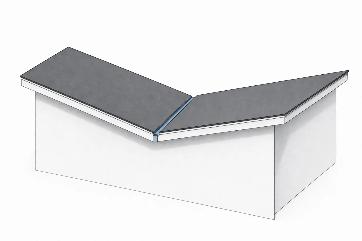 Minimal butterfly roof diagram showing two inward-sloping roof planes draining to a central valley.