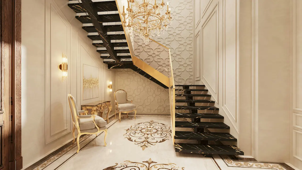 Grand staircase in a luxury entrance hall, featuring color drenching with matching walls, steps, and decor in a unified hue.
