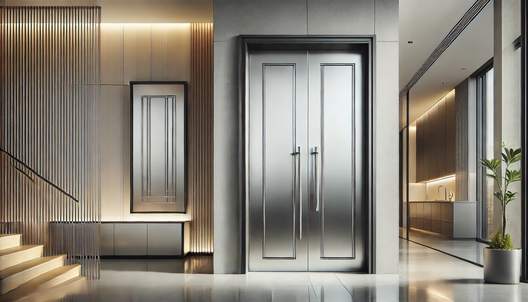 Steel panel doors with horizontal accents in a modern contemporary house, showcasing polished steel and minimalist design.
