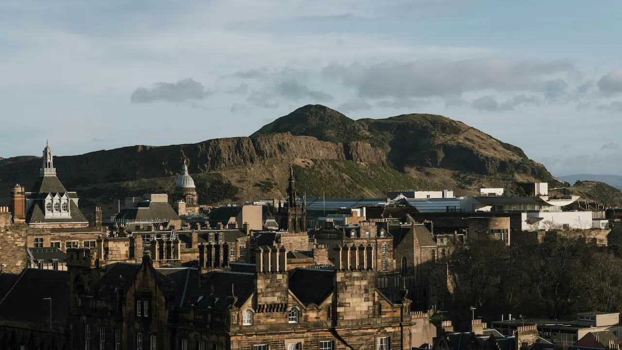 Historic Edinburgh skyline with Arthur's Seat in the background, Scotland, United Kingdom.