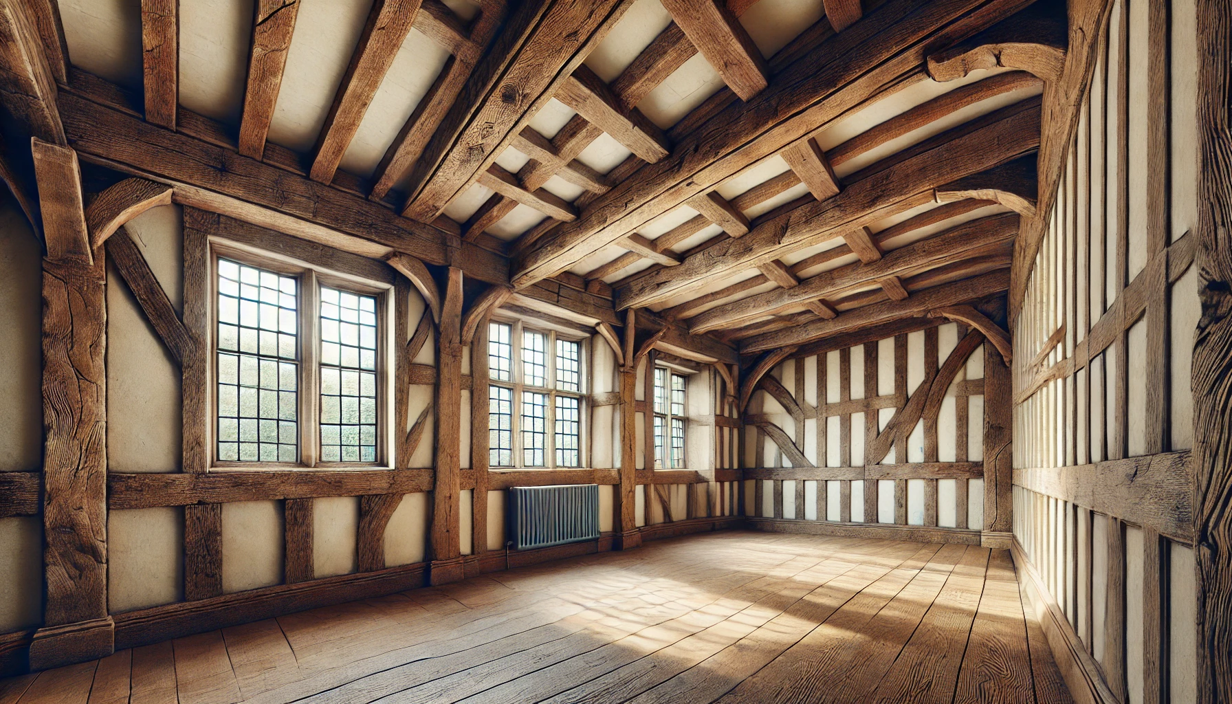 Exposed timber framing in a Tudor-style room with distressed beams, leaded glass windows, and a cozy, rustic atmosphere.