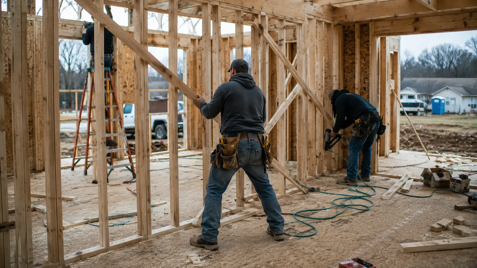 Framing workers installing diagonal temporary braces inside a partially framed wood house.