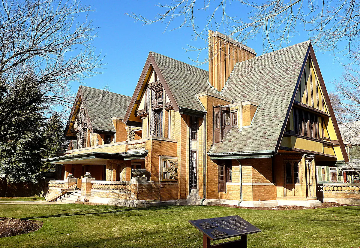 The Nathan Moore House, a Frank Lloyd Wright design blending Tudor Revival and Prairie School elements.