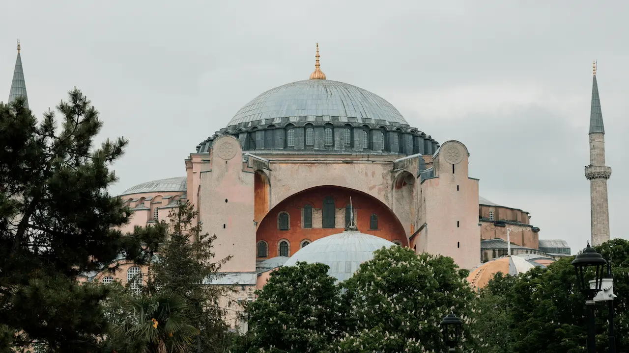A unique angle of Hagia Sophia in Istanbul, Turkey, highlighting its architectural grandeur.