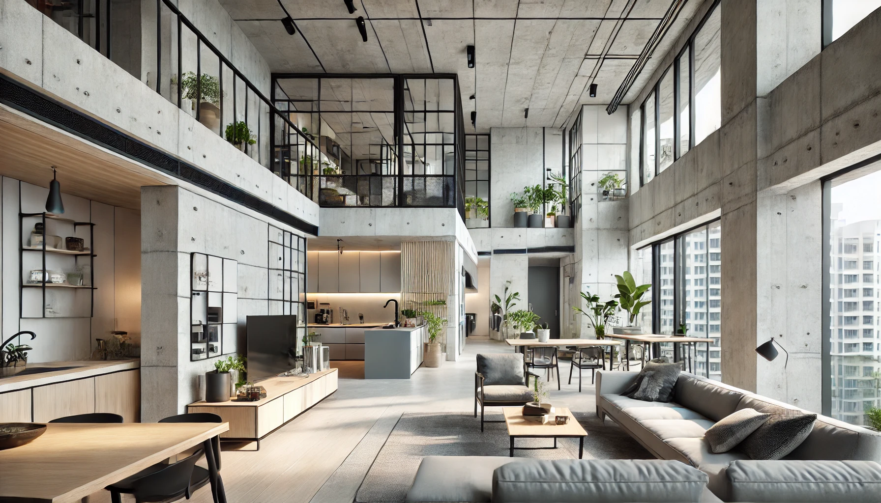 A modern HDB interior showcasing industrial design with clean lines, exposed elements, and a stylish minimalist approach.