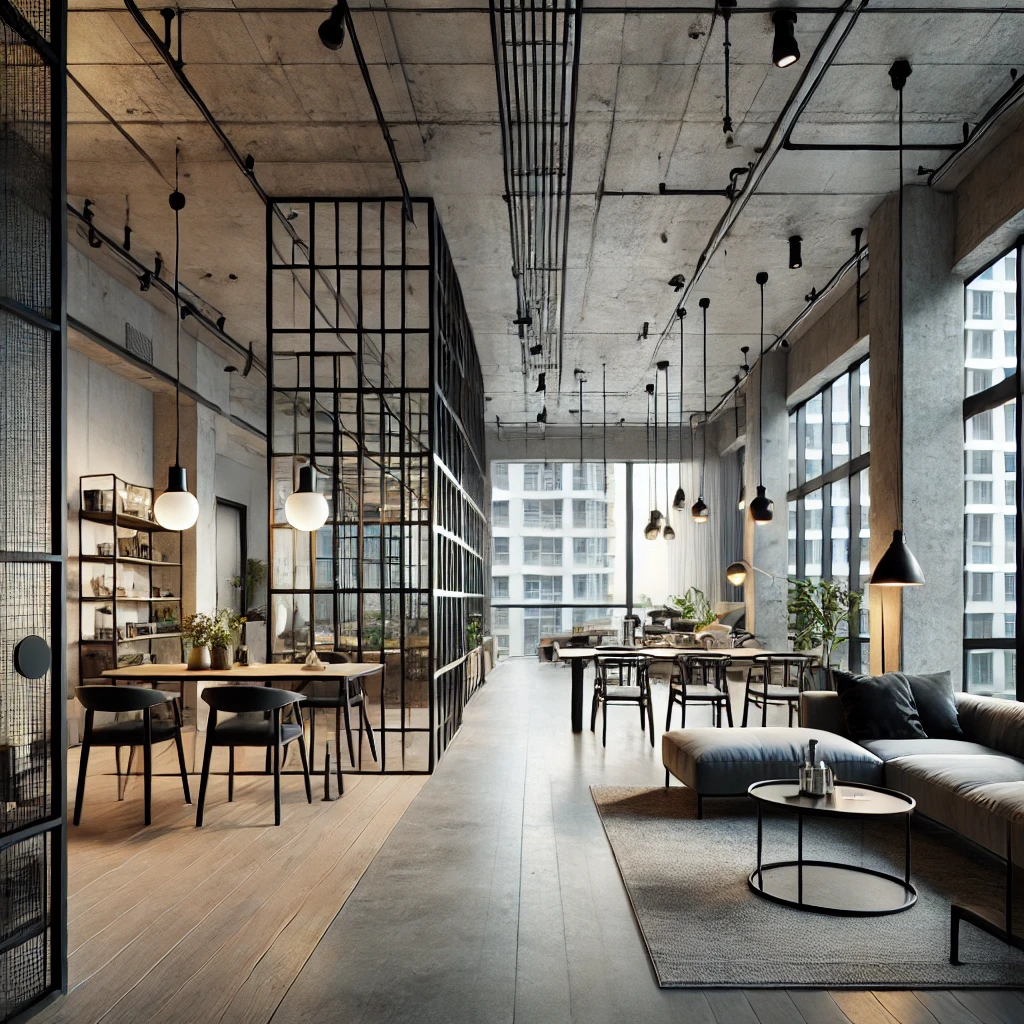 HDB modern industrial interior with exposed concrete walls, metal-framed glass partitions, and minimalist furniture.