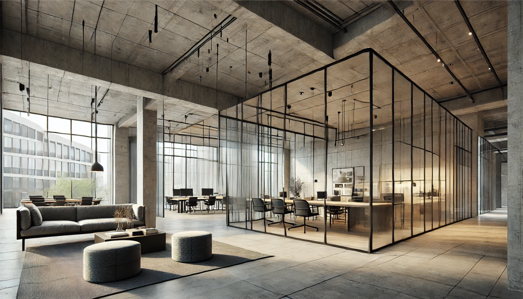 A modern HDB interior with an industrial aesthetic, featuring concrete walls, metal-framed glass partitions, and minimalist furniture in a spacious layout.