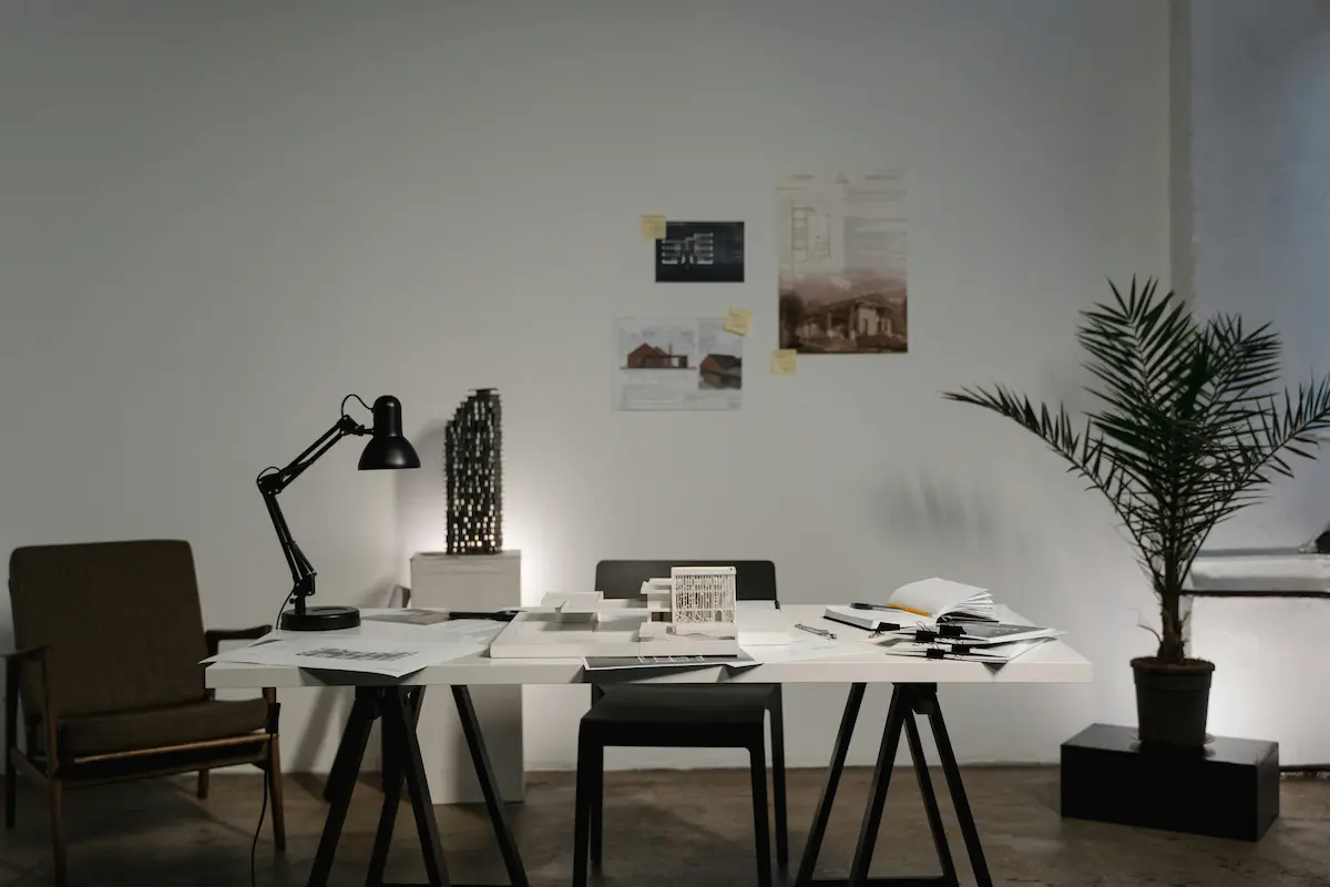 A home architecture studio, set up for remote architectural education and design work.
