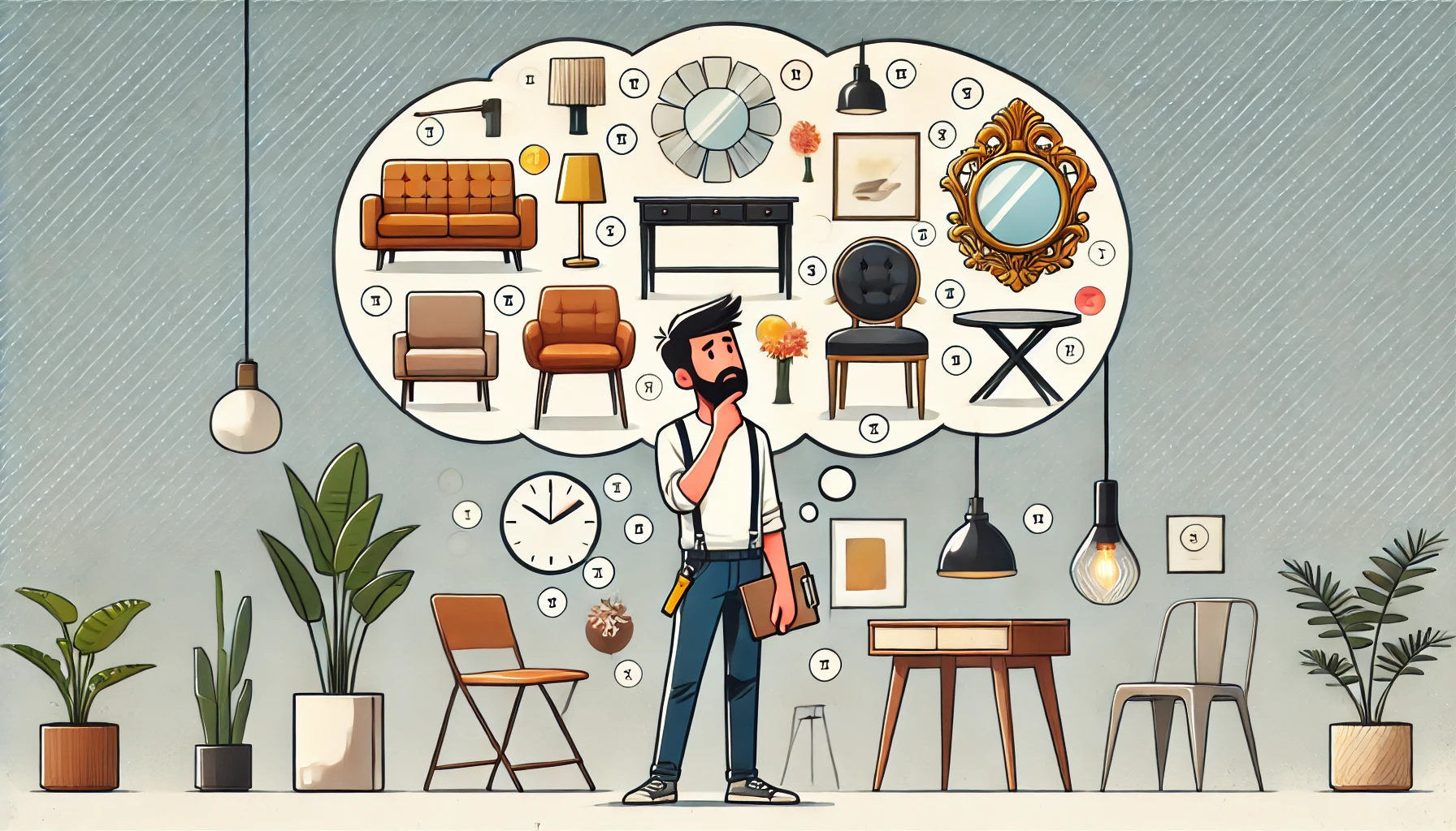 Cartoon of a person pondering home decor styles, featuring icons of modern, rustic, Baroque, and industrial design.