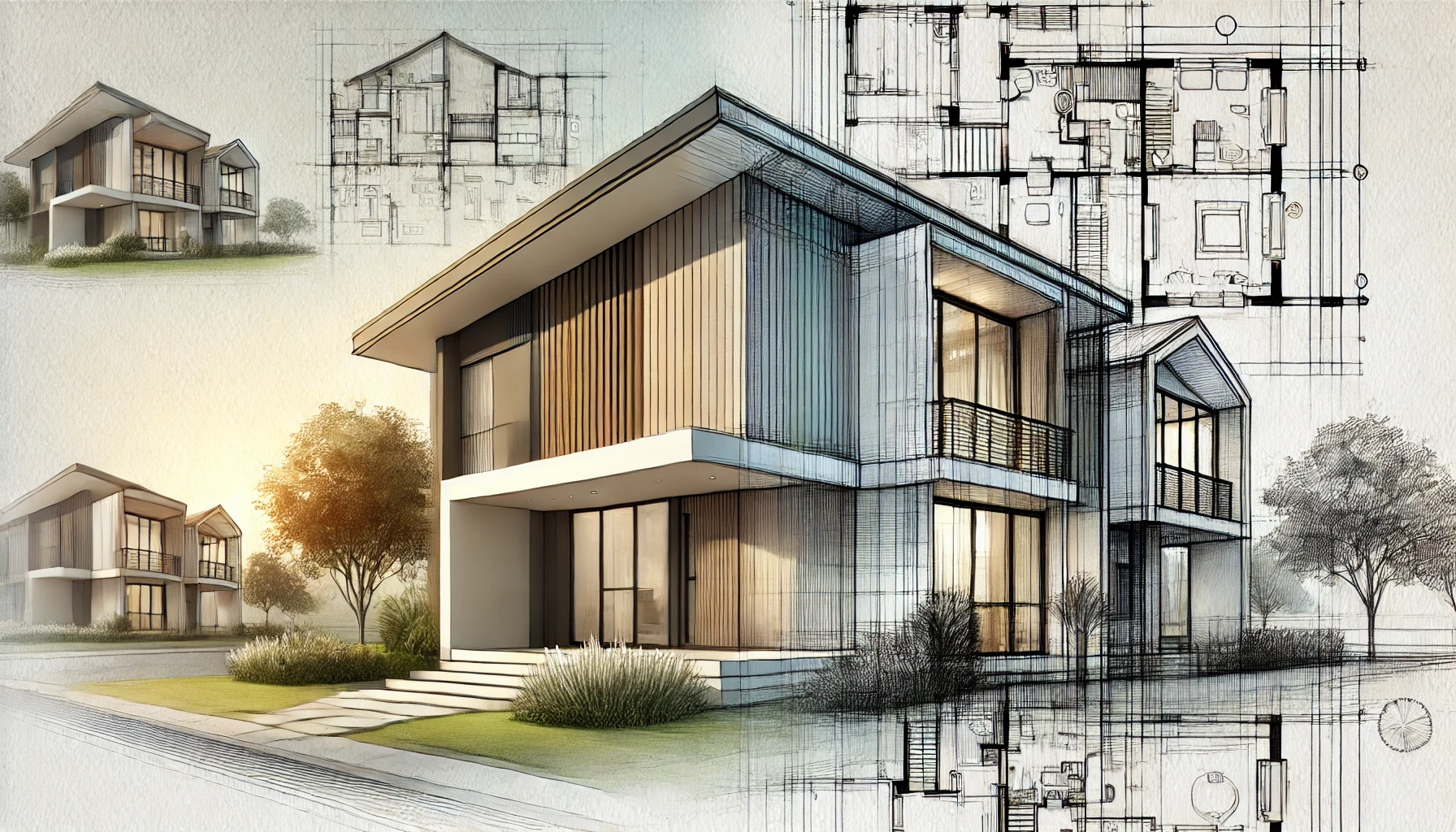 a house-lifting design, with one side fully rendered and the other side as a sketch showing structural beams.