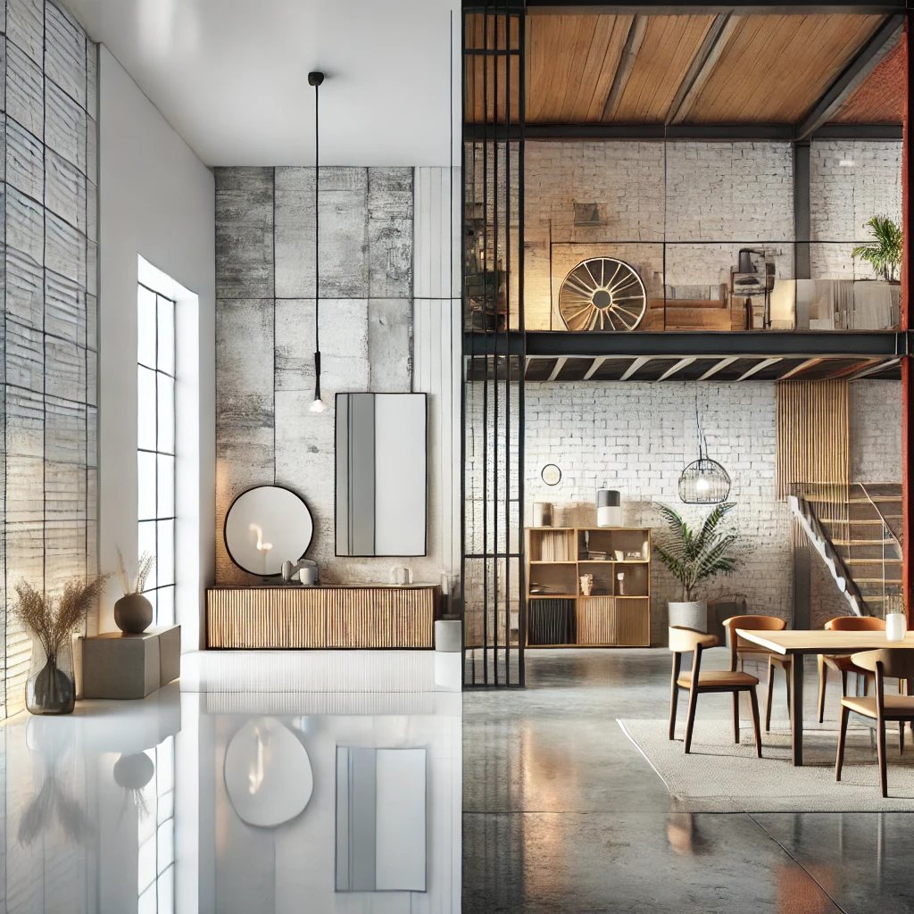 Scandinavian Industrial Minimalism featuring two examples of industrial minimalist modern interiors.
