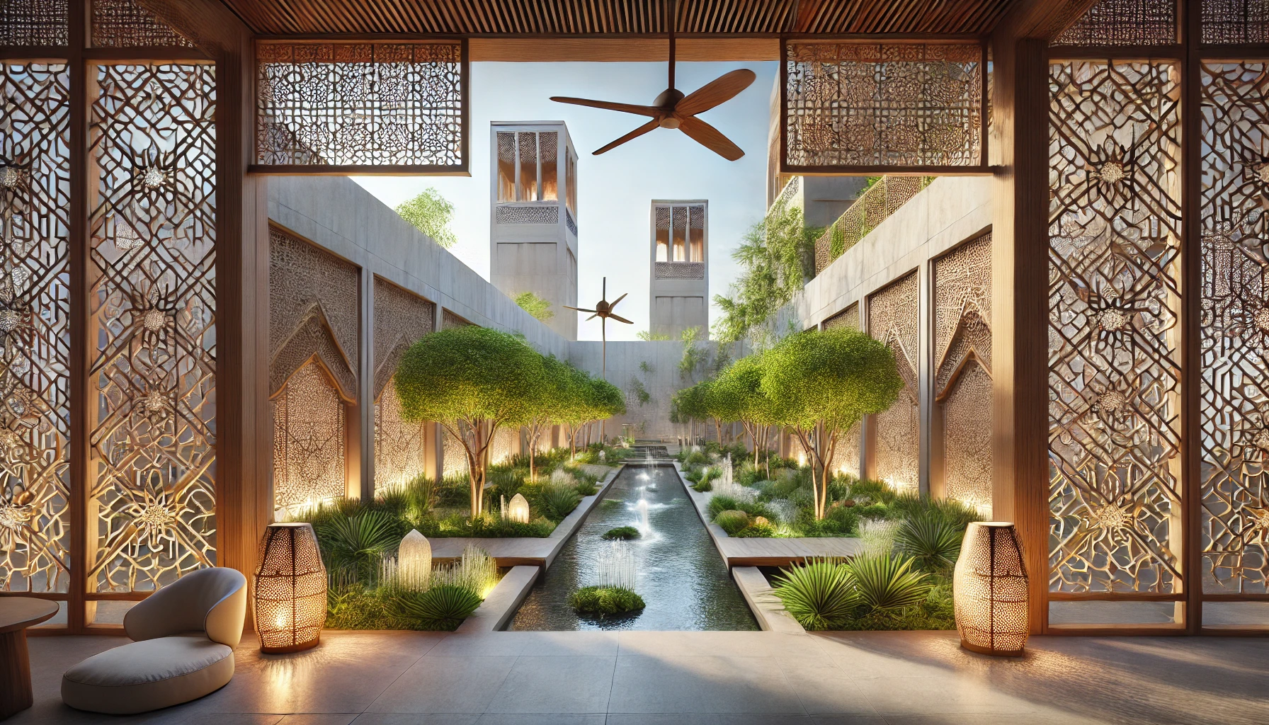 Functional and practical aspects of Islamic architecture with courtyards, mashrabiyas, and wind towers.