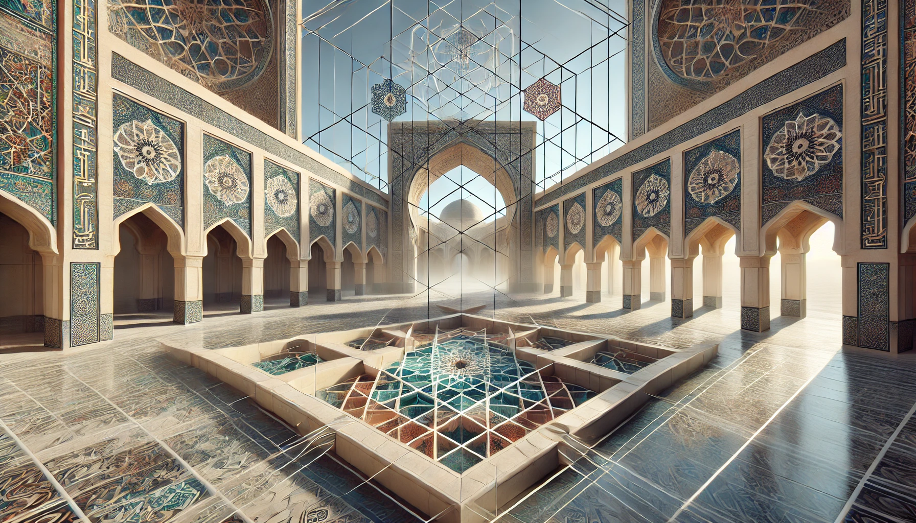 Islamic architecture featuring intricate geometric patterns and symmetrical designs in a grand interior space.