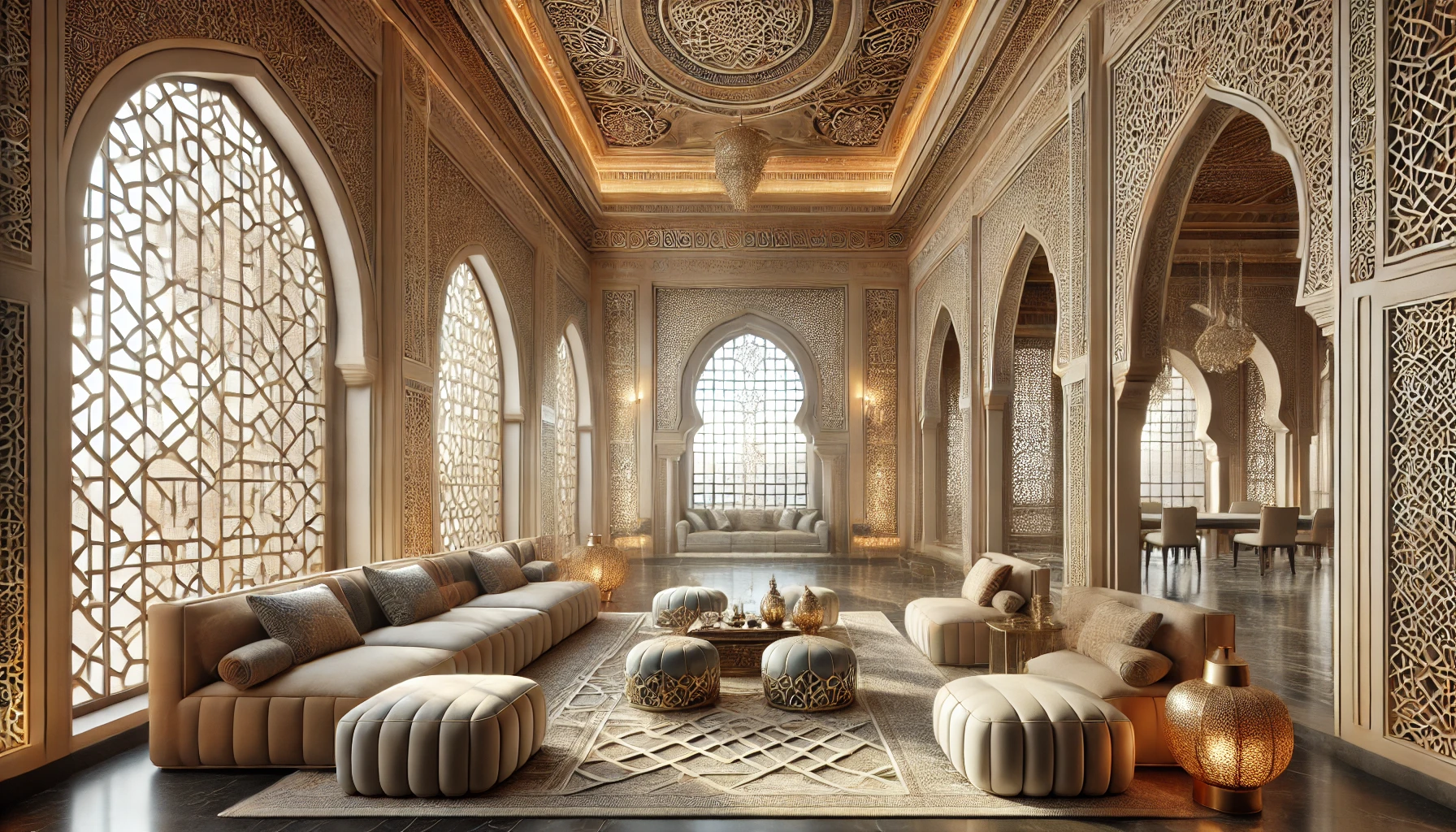 An Islamic-inspired interior with intricate geometric patterns, arched doorways, and elegant design elements in a contemporary setting.