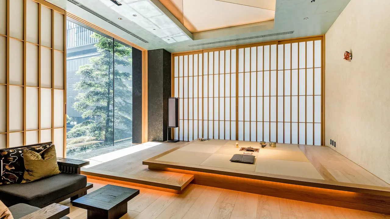 living room with a Japanese-inspired modern design featuring minimalist furniture and serene decor