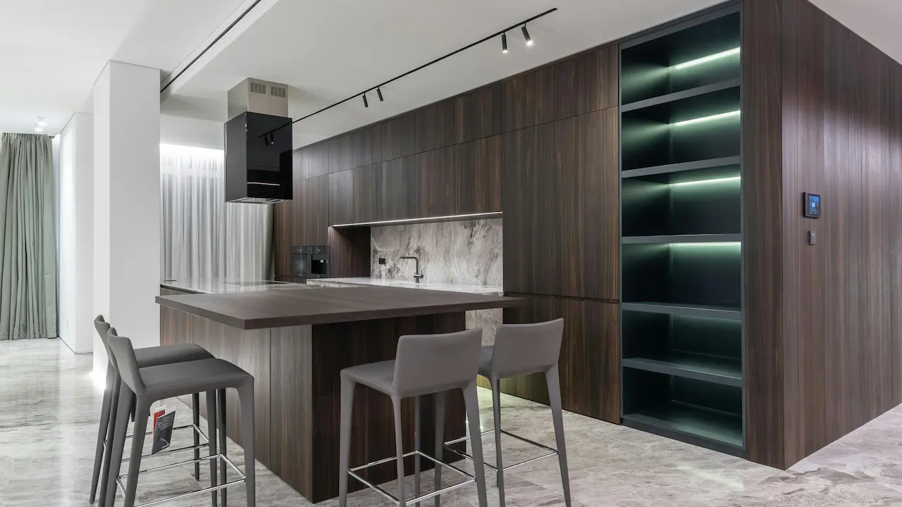 kitchen island in contemporary interior of spacious kitchen