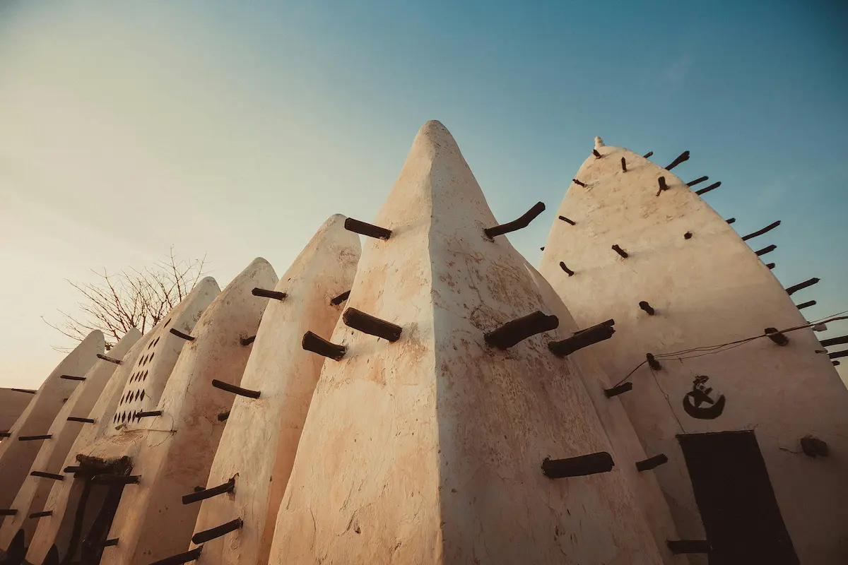 The Larabanga Ancient Mosque in Ghana, built with vernacular clay materials.