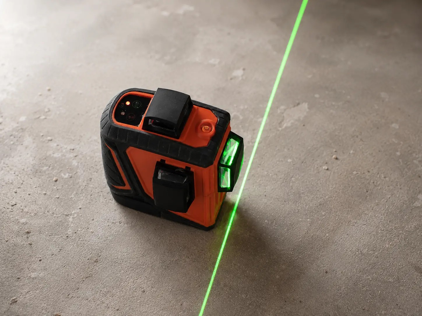 Laser level set on a concrete floor to check slab elevation and unevenness during a foundation leveling inspection.