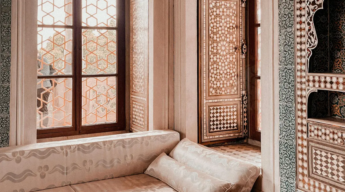 Mashrabiya in a palace in Turkey, offering comfort and privacy with intricate design.