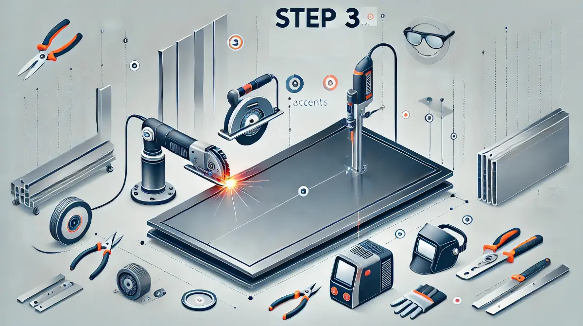 Depiction of steel panel door fabrication with plasma cutter, jigsaw, welding equipment, and safety gear on a clean background.