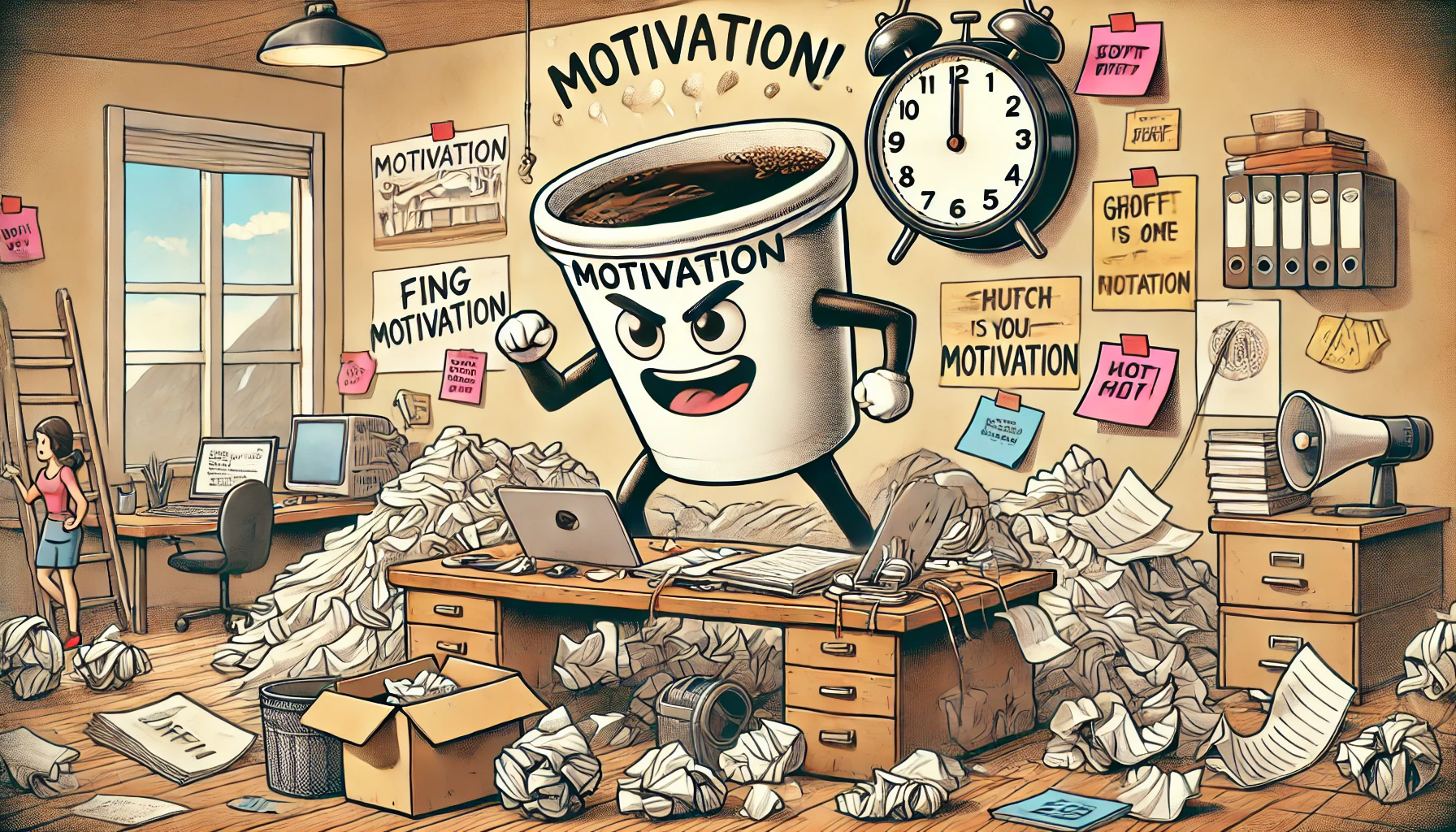 Cartoon of a chaotic workspace with a coffee cup pushing a person toward their desk, surrounded by papers and inspirational notes.