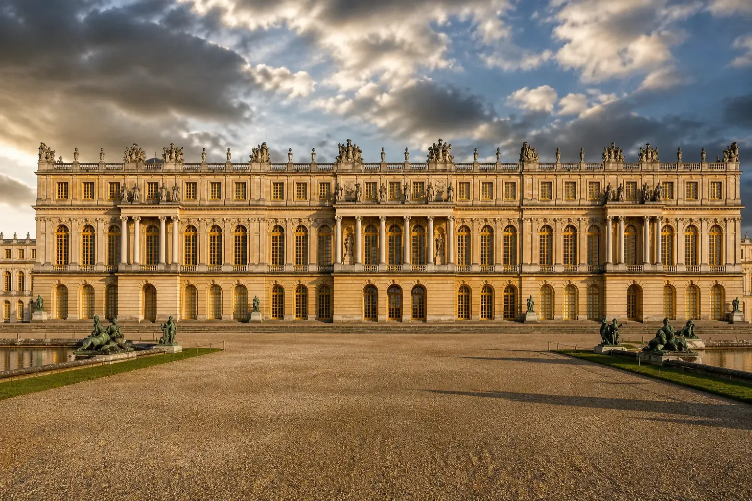 Palace of Versailles facade showing French Baroque symmetry, columns, tall windows, and sculptural roofline details.