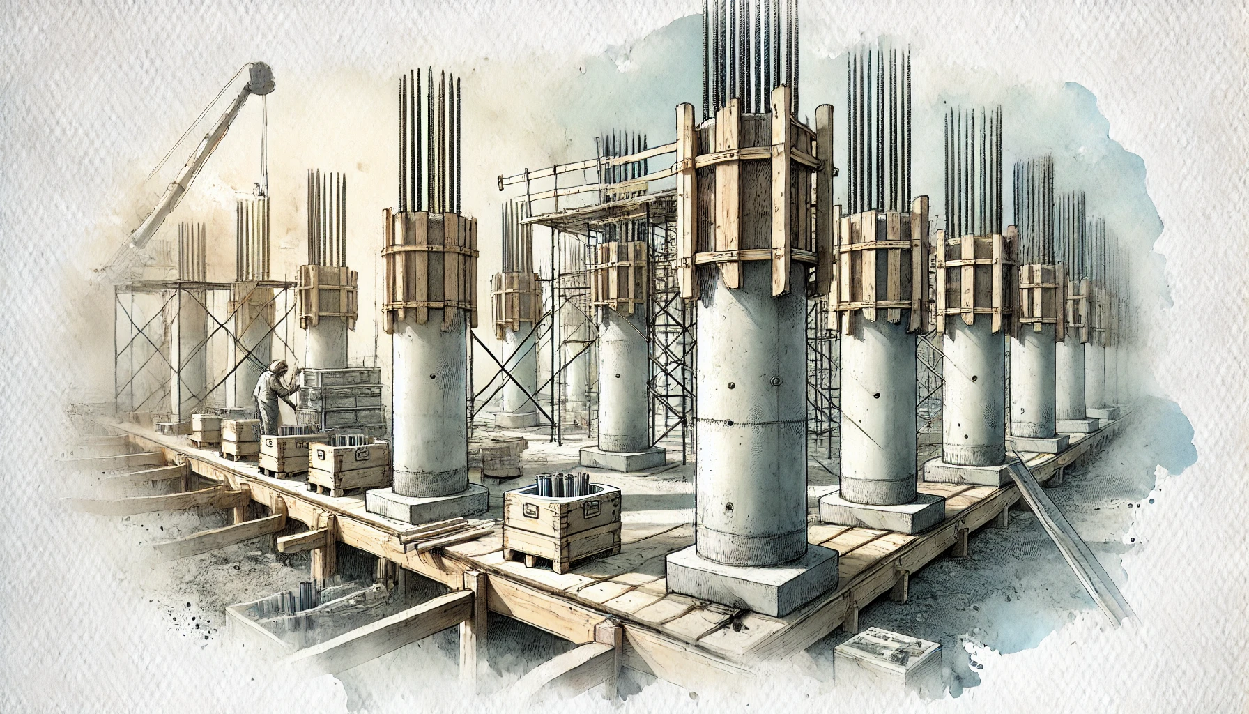 illustration of a construction site featuring wooden posts supported by precast concrete Perma-Columns.