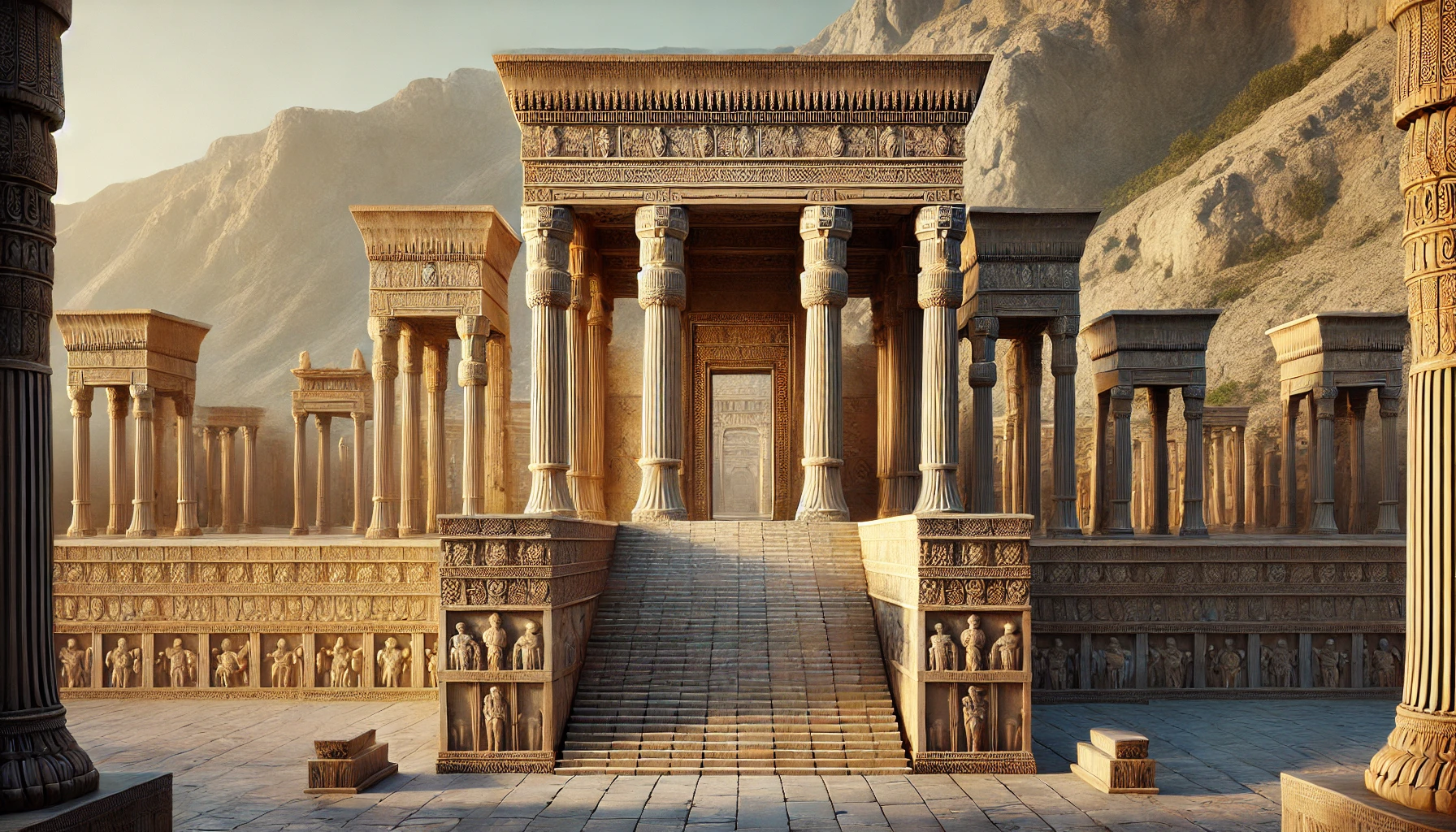 A cinematic depiction of Persepolis architecture featuring non-religious elements like columns and staircases, emphasizing the symmetry and craftsmanship of ancient Persian design