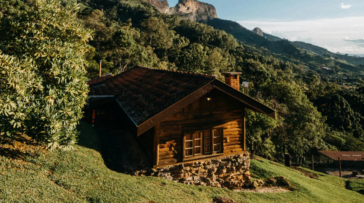 Old rustic house in good condition near a dense forest.