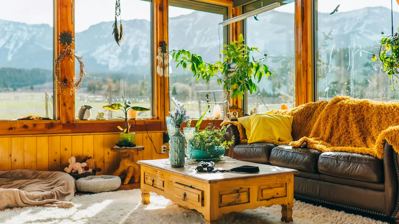 Rustic modern farmhouse interior with a mix of natural and contemporary elements.
