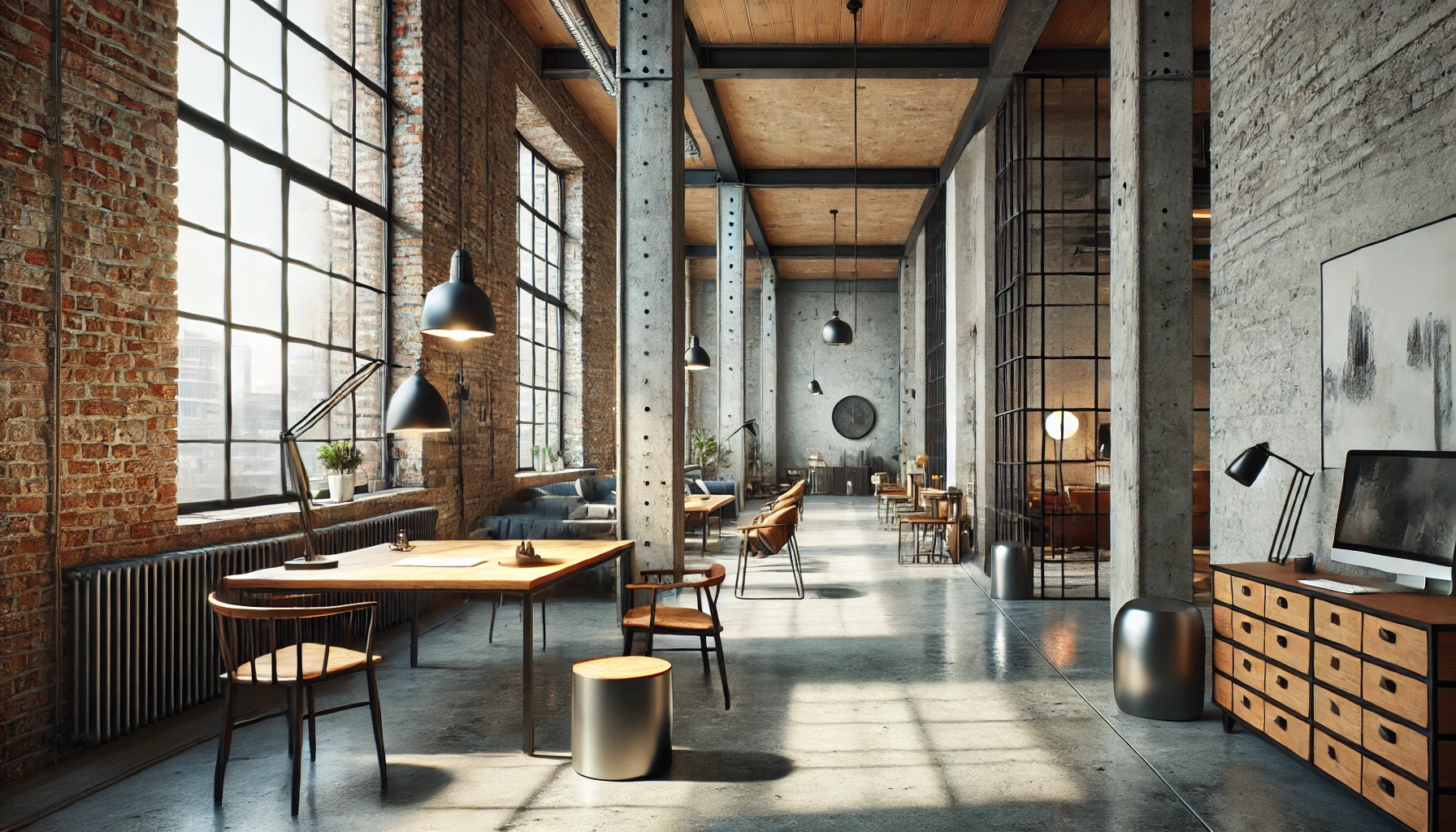 Scandinavian industrial interior with minimalist furniture and natural materials in a modern, open-plan design.