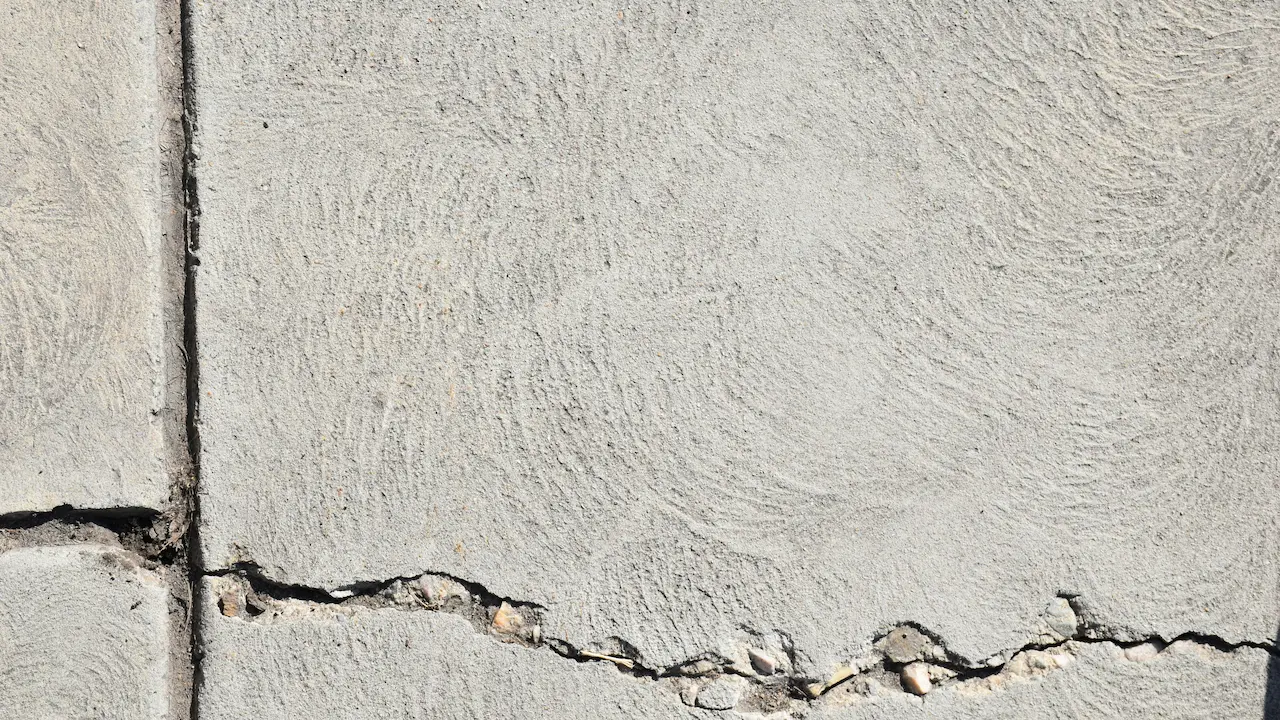 Close-up of settlement cracks on a building foundation.