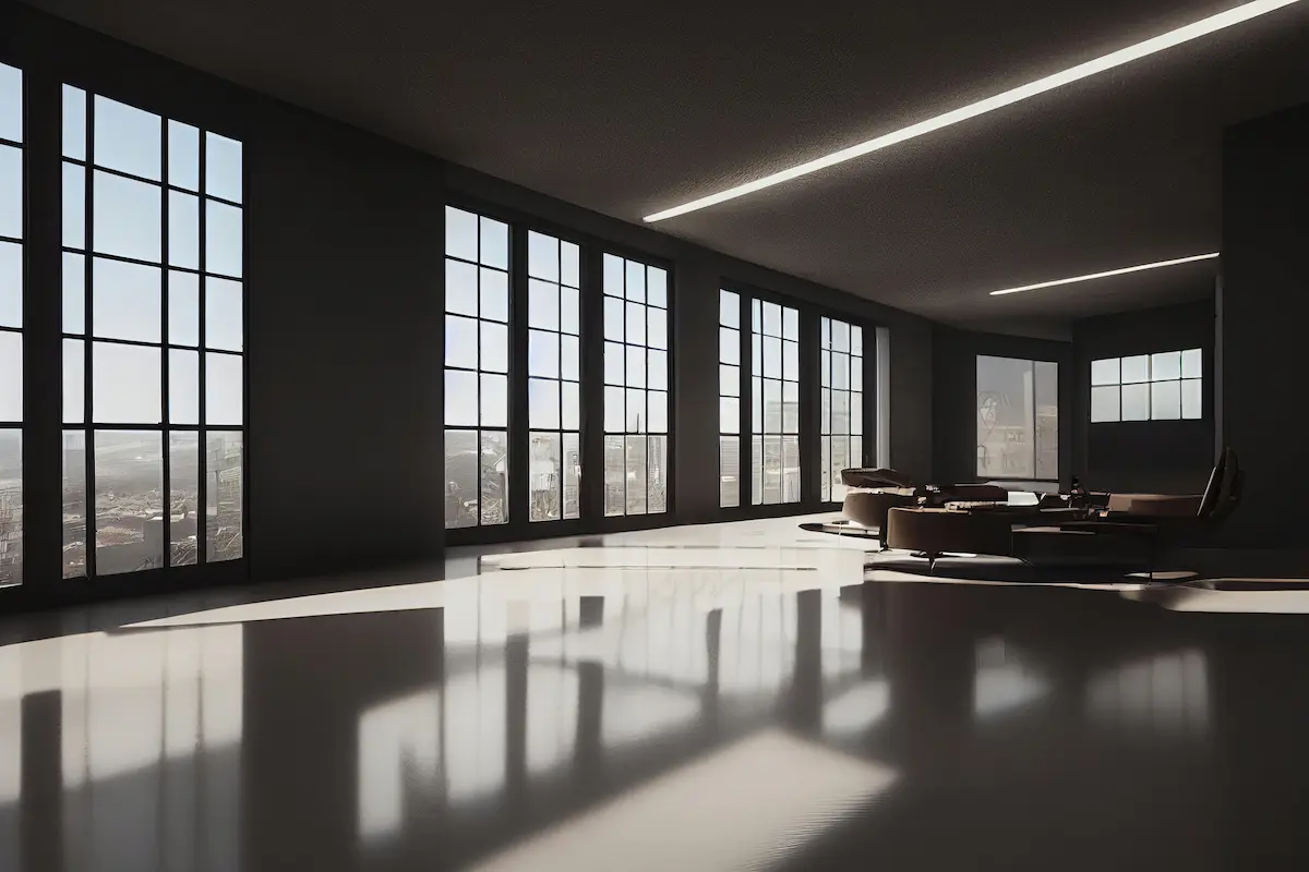 A minimalist yet contemporary apartment with sleek furniture, clean lines, and a spacious, calming atmosphere.