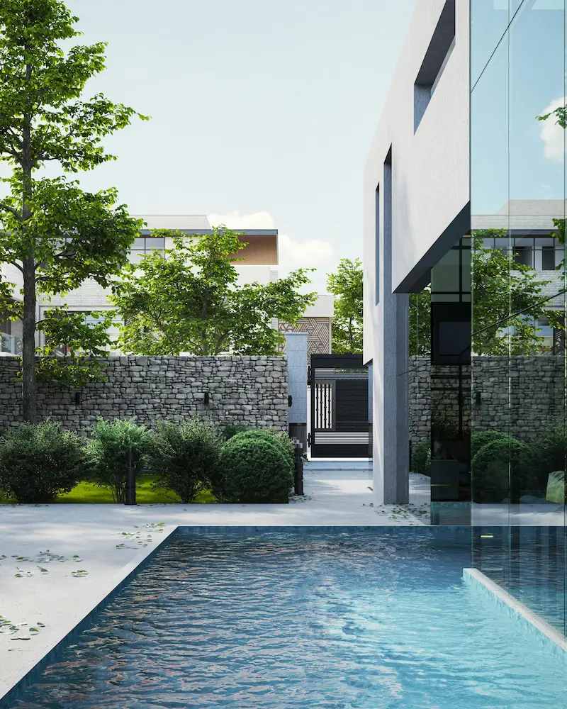 modern house featuring sleek architecture and a swimming pool in a contemporary housing concept