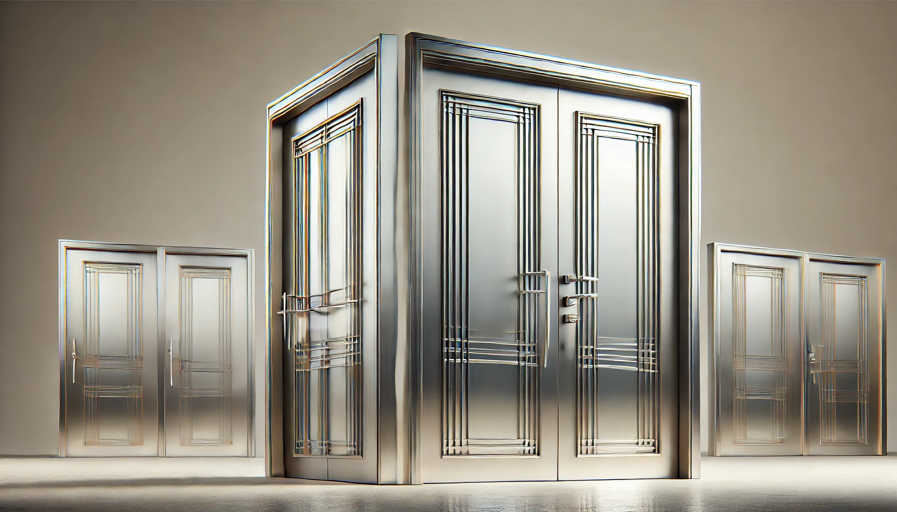 Steel panel doors with horizontal accents, polished finish, and high-quality hardware in a modern, minimalist design.