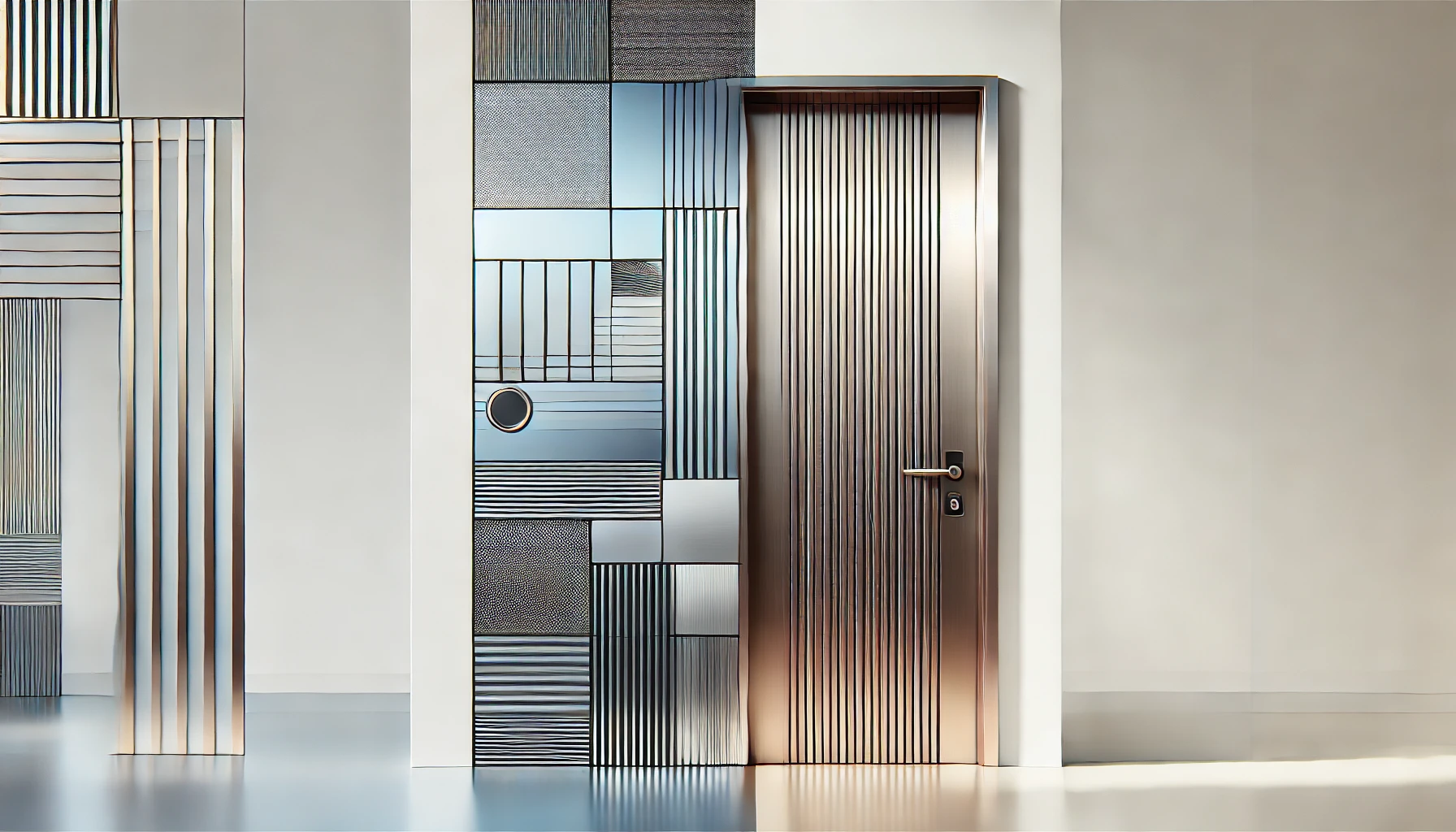 Showcasing sleek steel panel doors, with abstract metallic patterns on one side and a realistic door with horizontal accents on the other.