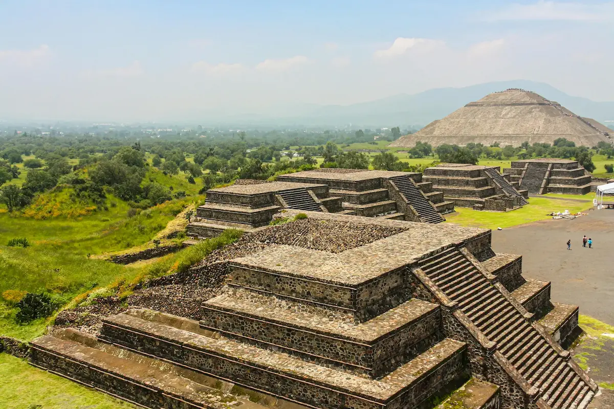 Bird's eye view of the pyramids in Teotihuacan, Mexico, showcasing the ancient city's layout and monumental structures.