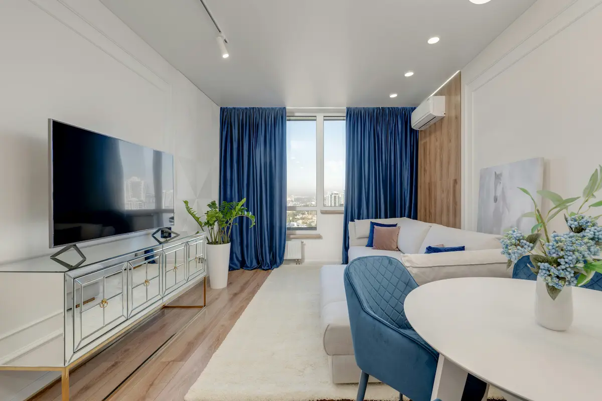 A tiny modern living room with minimalist design and stylish furniture.
