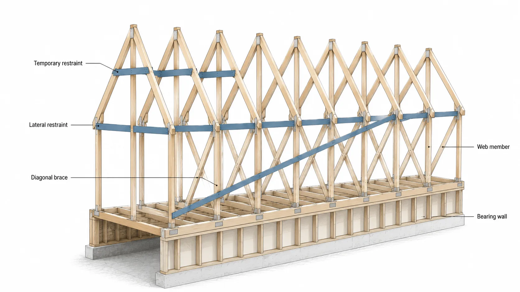 Roof truss lateral bracing showing temporary restraint, continuous lateral restraint, diagonal brace, web member, and bearing wall.