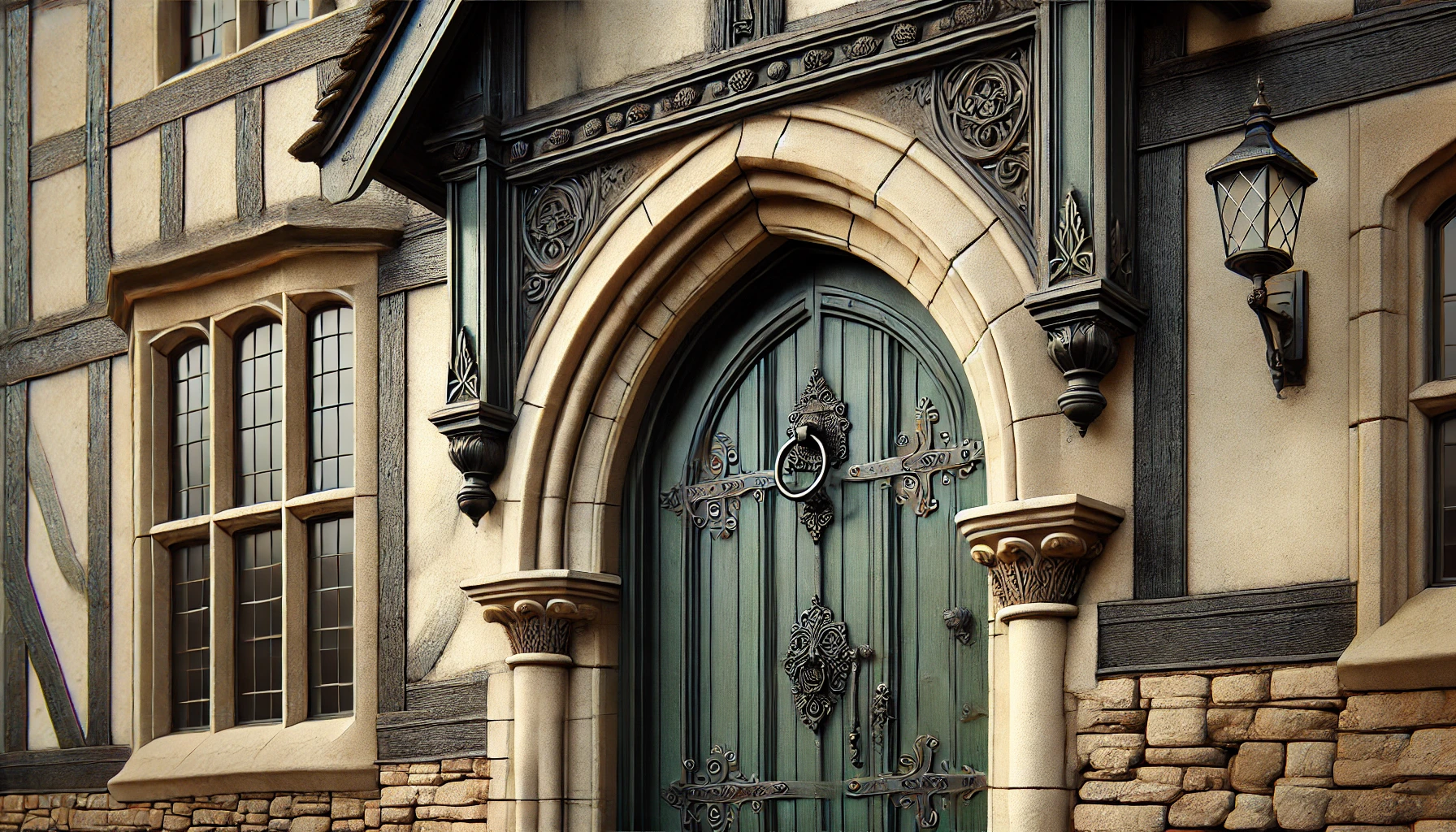 Tudor-style house with an ornate arched doorway, black iron hardware, a deep green door, and textured stone framing.